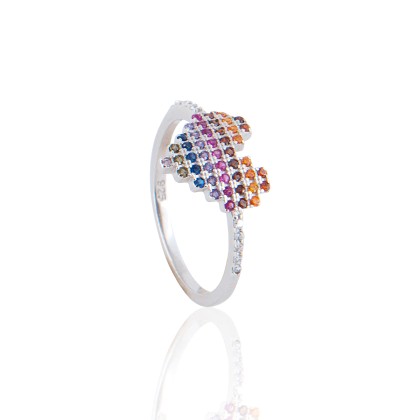 Ασημένιο δαχτυλίδι σε σχέδιο καρδιά διακοσμημένο με πολύχρωμα ζι