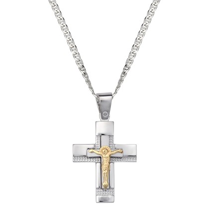 Ανδρικός σταυρός με εσταυρωμένο και αλυσίδα σε ασήμι 925 και χρυ