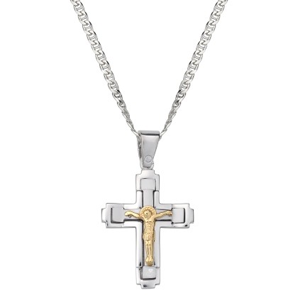 Ανδρικός σταυρός με εσταυρωμένο και αλυσίδα σε ασήμι 925 και χρυ