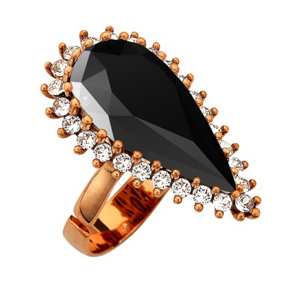Ασημένιο δαχτυλίδι 925 ροζέτα δάκρυ με Μαύρη πέτρα SWAROVSKI AD-