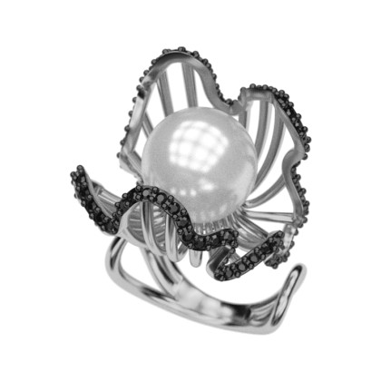 Ασημένιο δαχτυλίδι 925 με λευκή πέρλα Swarovski και μαύρες πέτρε