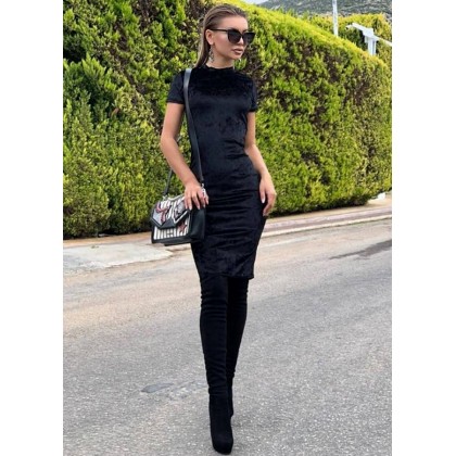Midi βελουτέ φόρεμα - Μαύρο
