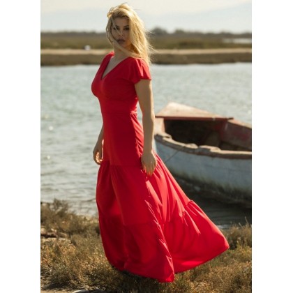 Maxi φόρεμα με βολάν by Maria Korinthiou Collection - Κόκκινο