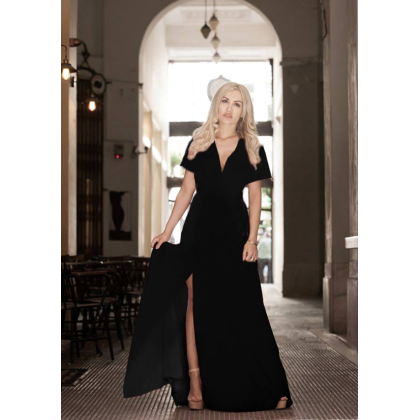 Maxi φόρεμα κοντομάνικο κρουαζέ στο μπούστο με σκίσιμο - Μαύρο