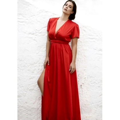 Maxi φόρεμα κοντομάνικο κρουαζέ στο μπούστο με σκίσιμο - Κόκκινο