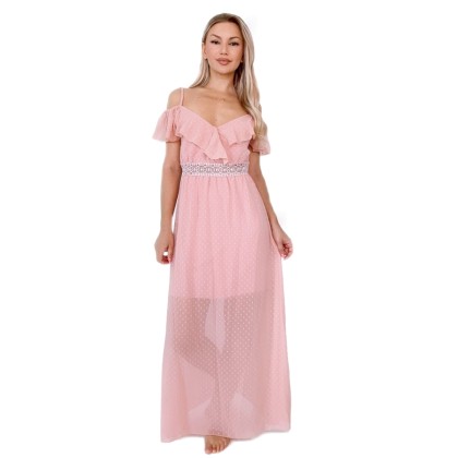 Maxi φόρεμα έξωμο με βολάν στο ντεκολτέ - Ροζ