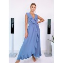Maxi κρουαζέ φόρεμα με ζώνη - Μπλε ραφ