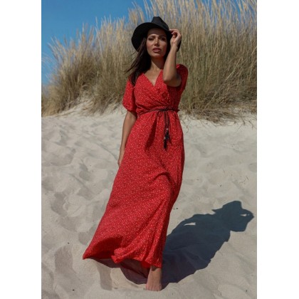 Maxi floral φόρεμα με κρουαζέ ντεκολτέ - Κόκκινο