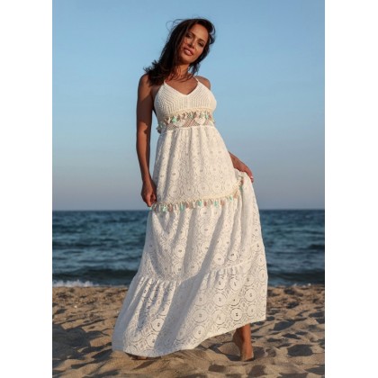 Maxi φόρεμα εξώπλατο δαντέλα - Λευκό