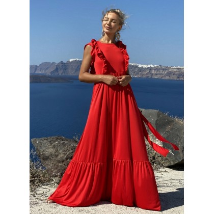 Maxi φόρεμα με βολάν μανίκι - Κόκκινο