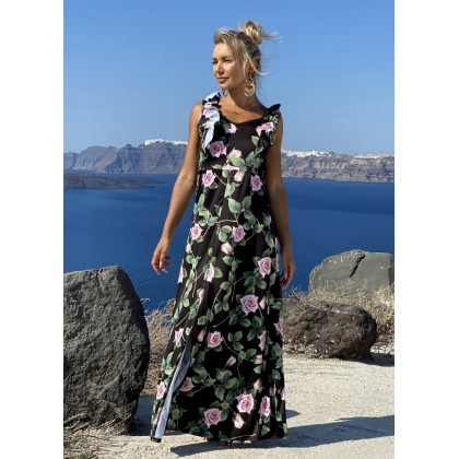Maxi φόρεμα με σκίσιμο & βολάν λεπτομέρειες - Μαύρο floral