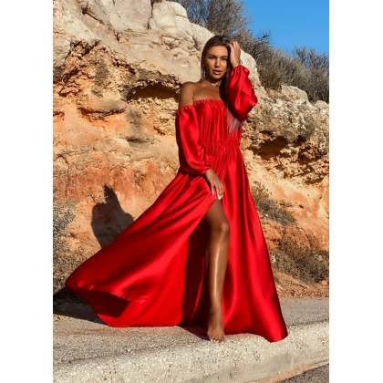 Maxi σατινέ φόρεμα έξωμο με σκίσιμο - Κόκκινο