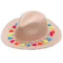 Γυναικείο Ψάθινο Καπέλο Καβουράκι με Πολύχρωμα Φουντάκια Ροζ