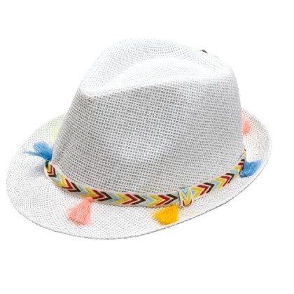 Unisex Καπέλο Καβουράκι Ψάθινο με Πολύχρωμα Φουντάκια Λευκό