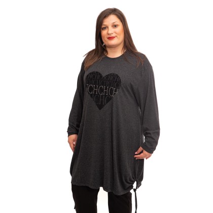Γκρι μπλούζα βισκοζ με σχέδιο καρδιά και στρας (Plus Size)