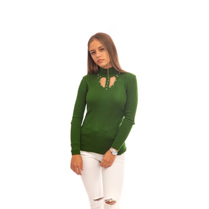 Πράσινη ριπ πλεκτή μπλούζα με πέρλες