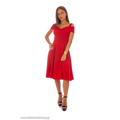 Κόκκινο midi φόρεμα κλος με ράντα και δαντελένια λεπτομέρεια