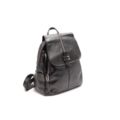Μαύρη τσάντα πλάτης με κουμπί και φερμουάρ