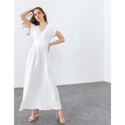 Maxi κρουαζέ φόρεμα με ζώνη - Λευκό
