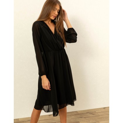 Midi κρουαζέ φόρεμα με λάστιχο στη μέση - Μαύρο
