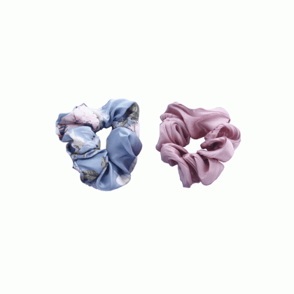 Σετ των 2 scrunchies μονόχρωμο ροζ & μπλε φλοράλ
