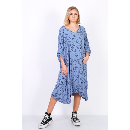 Φόρεμα με αφηρημένο σχέδιο προσώπου μεγάλα μεγέθη- Blue jean