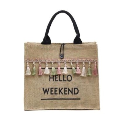 Τσάντα με φούντες "Hello Weekend" - Μαύρα χερούλια