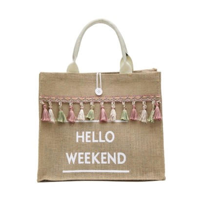 Τσάντα με φούντες "Hello Weekend"-Μπεζ χερούλια