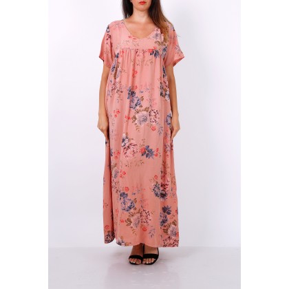 Μακρύ βαμβακερό φλοράλ φόρεμα - Ροζ