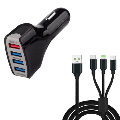 QC3.0 Quick Charge Adaptive 4 Port USB Fast Car Charger + 3 in 1