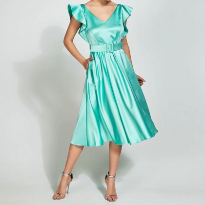 Access Fashion Τιρκουάζ Φορεμα ρουμπα απο σατεν υφασμα με βολαν 
