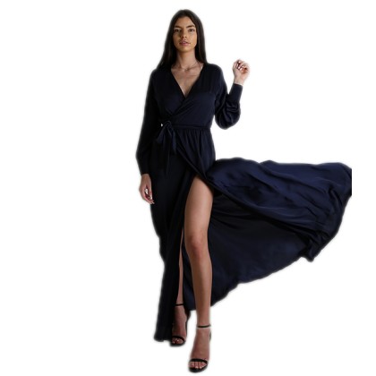 Μάξι φόρεμα κρουαζέ σατέν με ζώνη (Σκούρο Μπλέ)