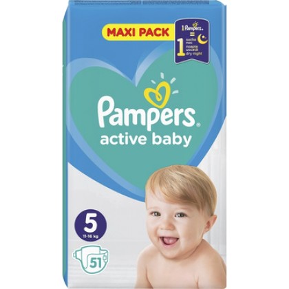
      Pampers Active Baby Maxi Pack Νο 5 (11-16kg) 51τμχ
    