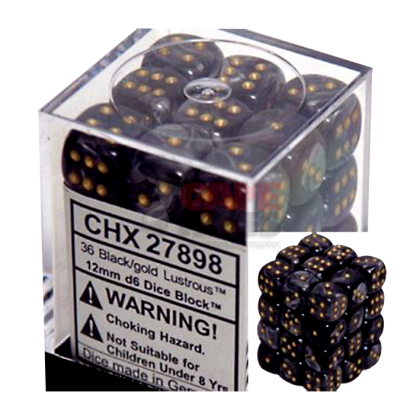 Opaque Dice D6 (12mm) - Black-Gold (Pipped) x36