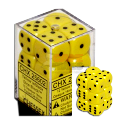 Opaque Dice D6 (16mm) - Yellow-Black (Pipped) x12