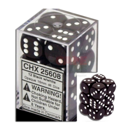 Opaque Dice D6 (16mm) - Black-White (Pipped) x12