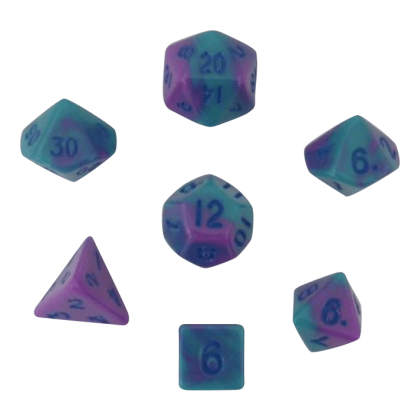 16mm Acrylic Dice Set Purple Teal with Blue Numbers