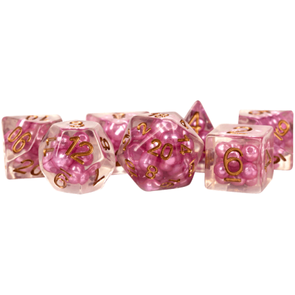 16mm Resin Pearl Dice Poly Set: Pink with Copper Numbers