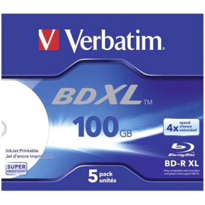 Verbatim BD-R XL 100GB* 4x Wide Inkjet Printable 5 Pack Jewel Ca