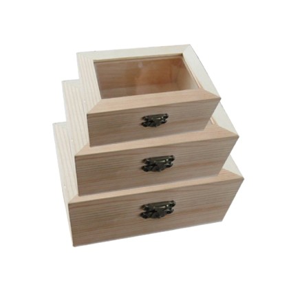 Σετ 3 ξύλινα αλουστράριστα κουτιά με γυάλινο καπάκι [20601185]
