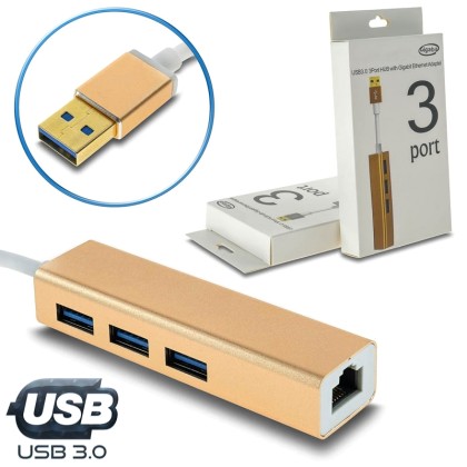 USB 3.0 Hub x3 + Gigabit Ethernet Gold Metal