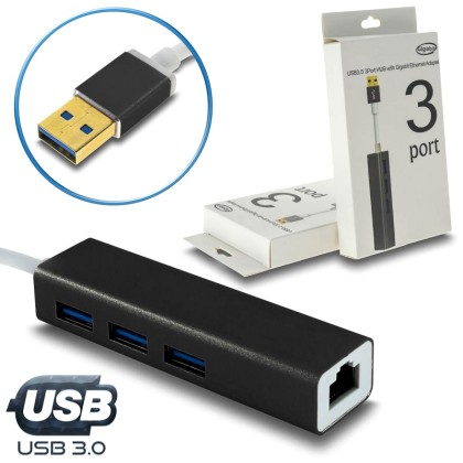 USB 3.0 Hub x3 + Gigabit Ethernet Black Metal