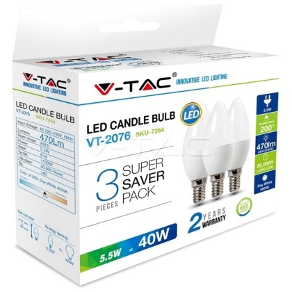 LED V-TAC Λάμπα E14 5.5W Κεράκι Πακέτο των 3 Τεμαχίων Φως Ημέρας