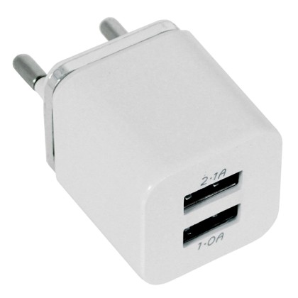 Φορτιστής USB 2 Θέσεων Wall Adapter 2.1A & 1A 5V DC Λευκός με Χρ