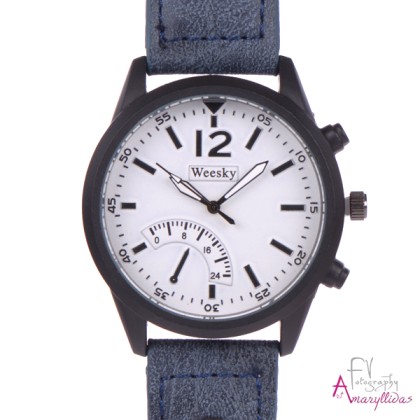 Unisex ρολόι χειρός με μπλε λουρί και και μαύρη στεφάνη by Amary