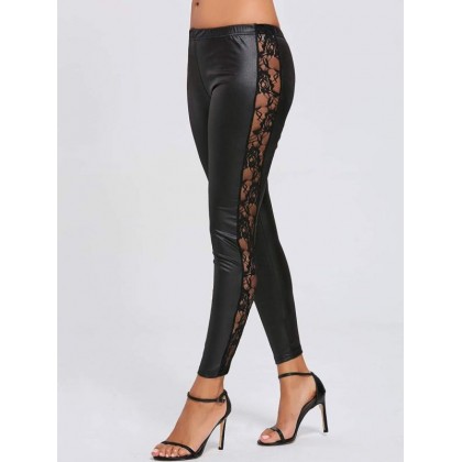 Faux Leather Patchwork Sheer Lace Leggings