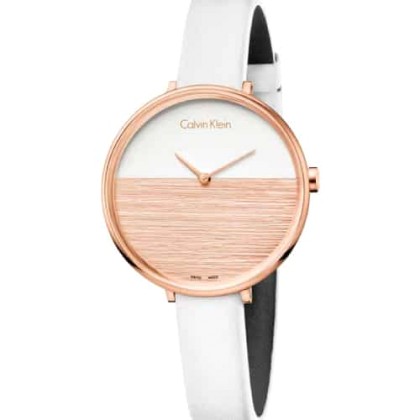 Calvin Klein Rise Large Rose Gold White Leather Strap - K7A236LH