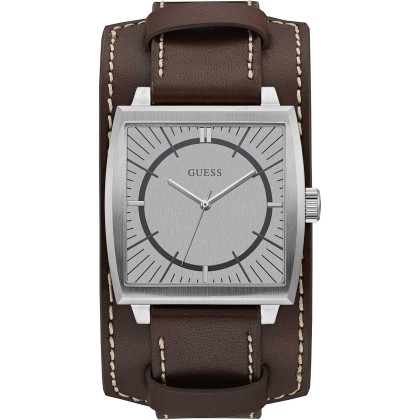 GUESS Men's  - W1036G2,  Silver case with Brown Leather Strap
