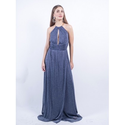 Μάξι Φόρεμα Lurex με Αλυσίδα στο Λαιμό - Μπλε ασημί