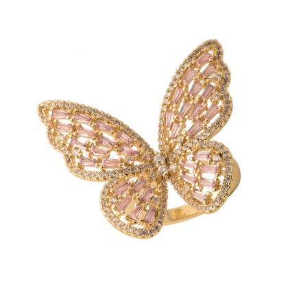 Δαχτυλίδι γυναικείο χρυσό από ατσάλι πεταλούδα με ροζ διαμάντια 